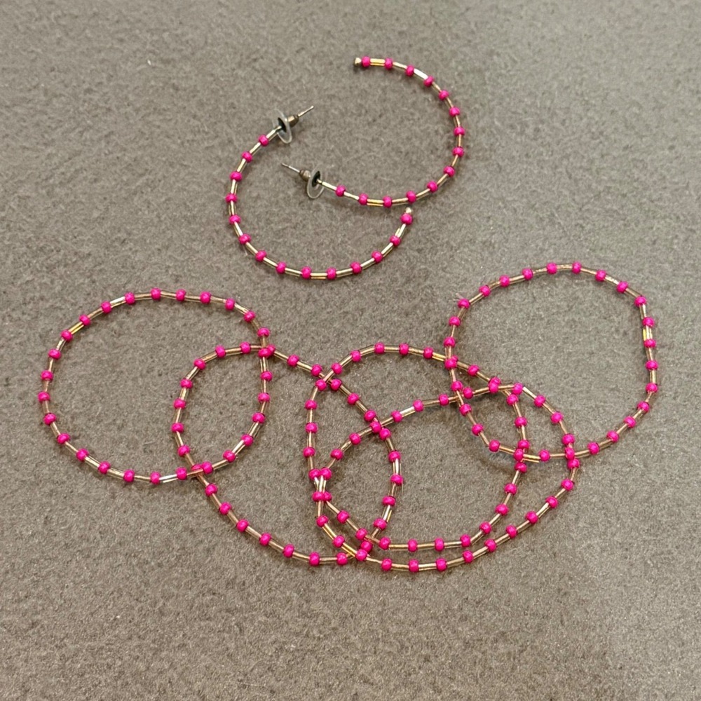 Hot Pink Seed Bead Gold Tone Hoop Earrings and Bangle Bracelet Set 7 Piece